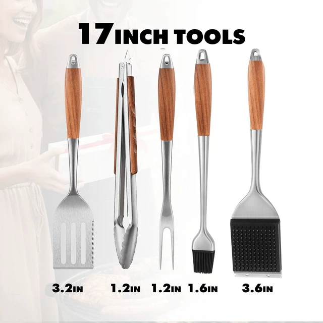 Alt view image 2 of 7 - Grill Utensils Set with Rosewood Handle, BBQ Accessories Tools Set of 5 | Grilling Tongs, Spatula, Fork, Oil Brush, Cleaning Brush - Grilling Tools Set for Outdoor