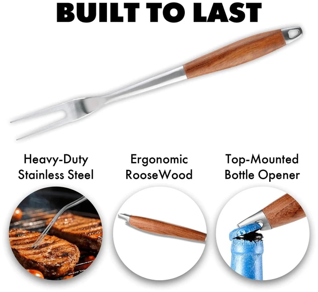 Alt view image 3 of 7 - Grill Utensils Set with Rosewood Handle, BBQ Accessories Tools Set of 5 | Grilling Tongs, Spatula, Fork, Oil Brush, Cleaning Brush - Grilling Tools Set for Outdoor