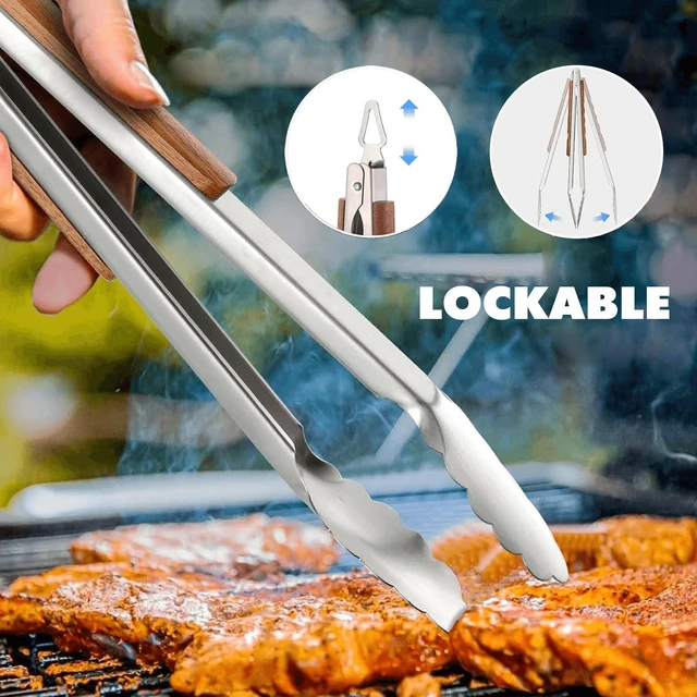 Alt view image 4 of 7 - Grill Utensils Set with Rosewood Handle, BBQ Accessories Tools Set of 5 | Grilling Tongs, Spatula, Fork, Oil Brush, Cleaning Brush - Grilling Tools Set for Outdoor