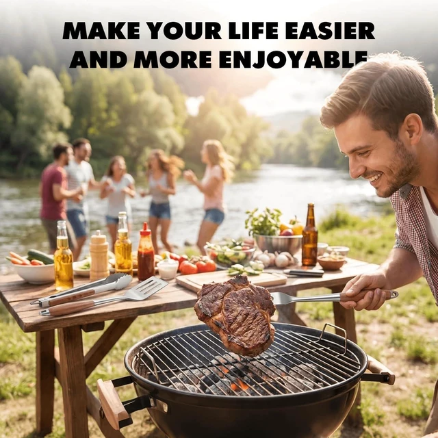 Alt view image 7 of 7 - Grill Utensils Set with Rosewood Handle, BBQ Accessories Tools Set of 5 | Grilling Tongs, Spatula, Fork, Oil Brush, Cleaning Brush - Grilling Tools Set for Outdoor