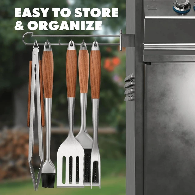 Alt view image 6 of 7 - Grill Utensils Set with Rosewood Handle, BBQ Accessories Tools Set of 5 | Grilling Tongs, Spatula, Fork, Oil Brush, Cleaning Brush - Grilling Tools Set for Outdoor