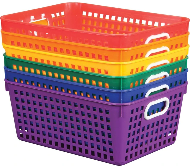 Main image of Large Plastic Storage Baskets with Handles | 13.75" x 9.75" x 5", Rainbow Group Colors, Book & Supply Organization for Classrooms & Home