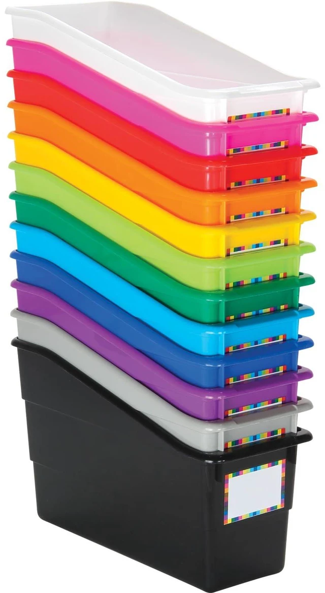 Main image of Rainbow Organizing Bins, Plastic Book Holders - 12-Pack Name Labels Included, Vertical Storage & Organization for Classroom & Home, Color Code Files, Books, Binders, Supplies