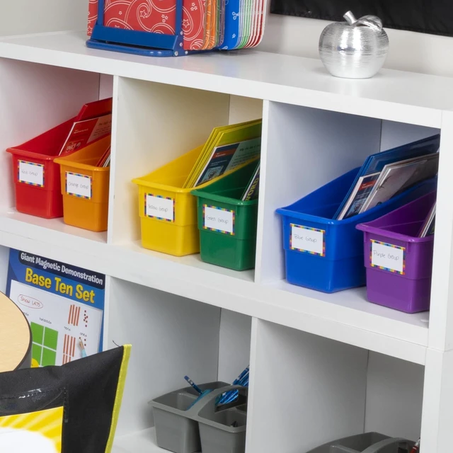 Alt view image 3 of 7 - Rainbow Organizing Bins, Plastic Book Holders - 12-Pack Name Labels Included, Vertical Storage & Organization for Classroom & Home, Color Code Files, Books, Binders, Supplies