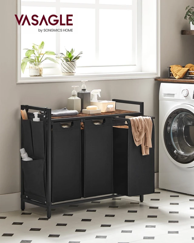 Alt view image 2 of 7 - Laundry Hamper with Shelf, 3 Pull-Out Bags, 3 x 10.6 Gallons (40 L) | Laundry Basket, Laundry Sorter 3 Section, Metal Frame, Ink Black and Rustic Brown, BRENTA Collection UBLH301B01
