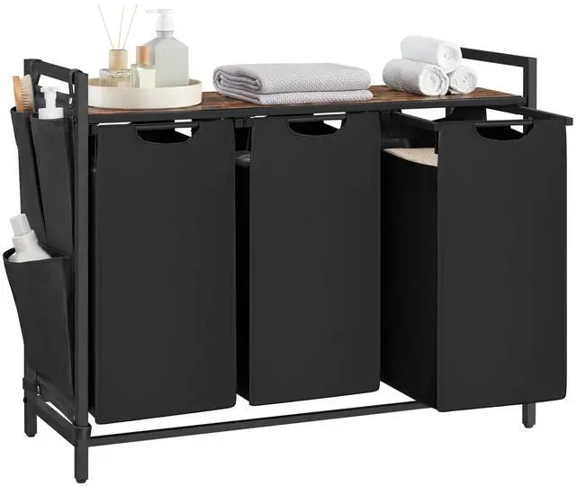 Main image of Laundry Hamper with Shelf, 3 Pull-Out Bags, 3 x 10.6 Gallons (40 L) | Laundry Basket, Laundry Sorter 3 Section, Metal Frame, Ink Black and Rustic Brown, BRENTA Collection UBLH301B01