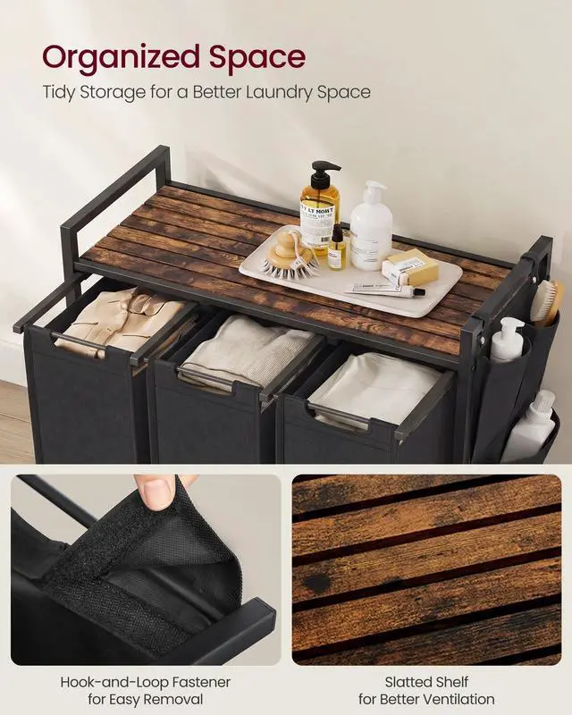 Alt view image 4 of 7 - Laundry Hamper with Shelf, 3 Pull-Out Bags, 3 x 10.6 Gallons (40 L) | Laundry Basket, Laundry Sorter 3 Section, Metal Frame, Ink Black and Rustic Brown, BRENTA Collection UBLH301B01