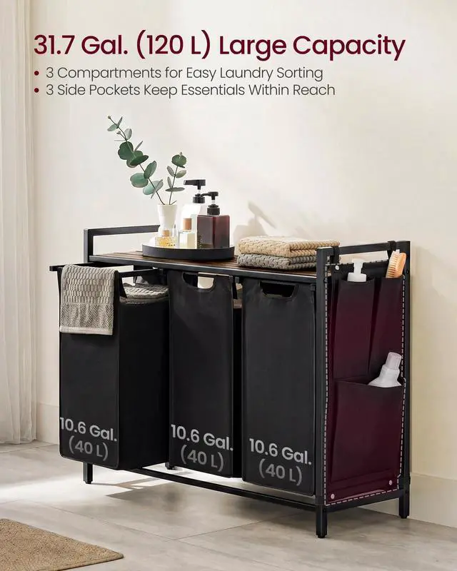 Alt view image 3 of 7 - Laundry Hamper with Shelf, 3 Pull-Out Bags, 3 x 10.6 Gallons (40 L) | Laundry Basket, Laundry Sorter 3 Section, Metal Frame, Ink Black and Rustic Brown, BRENTA Collection UBLH301B01