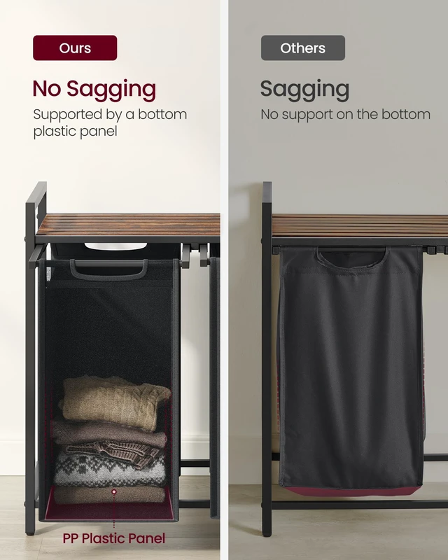 Alt view image 5 of 7 - Laundry Hamper with Shelf, 3 Pull-Out Bags, 3 x 10.6 Gallons (40 L) | Laundry Basket, Laundry Sorter 3 Section, Metal Frame, Ink Black and Rustic Brown, BRENTA Collection UBLH301B01