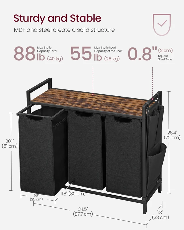 Alt view image 6 of 7 - Laundry Hamper with Shelf, 3 Pull-Out Bags, 3 x 10.6 Gallons (40 L) | Laundry Basket, Laundry Sorter 3 Section, Metal Frame, Ink Black and Rustic Brown, BRENTA Collection UBLH301B01
