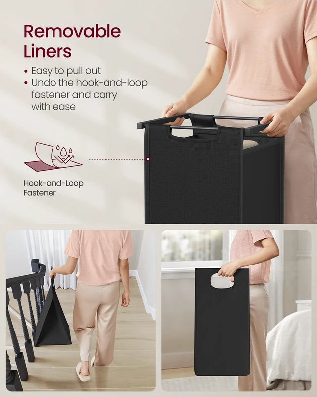 Alt view image 7 of 7 - Laundry Hamper with Shelf, 3 Pull-Out Bags, 3 x 10.6 Gallons (40 L) | Laundry Basket, Laundry Sorter 3 Section, Metal Frame, Ink Black and Rustic Brown, BRENTA Collection UBLH301B01