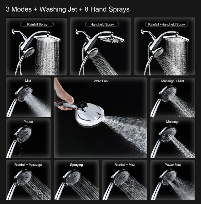 Alt view image 2 of 7 - Rain Shower Head with Handheld Showerhead, Chrome 1.8GPM 460311 | 12" High Pressure Rainfall Shower Heads, 9 Sprays Handheld Showerheads, Magnetic Docking, Power Jets, 59" Shower Hose