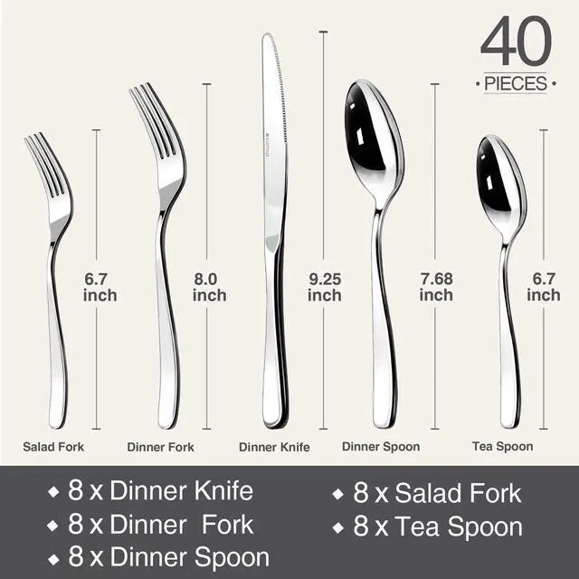 Alt view image 7 of 7 - 18/10 Silverware Set for 8, 40 Piece Stainless Steel Flatware Set Cutlery | Rust Proof Mirror Polished knives Forks Spoons Utensils, Dishwasher Safe for Dinner Home Kitchen,Wedding Party