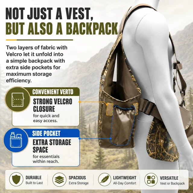 Alt view image 3 of 6 - Upland Bird Hunting Vest Tactical Vest Backpack with Game Pouch | Camo, Multiple Pockets, Chest Strap, Waist Belt, One Size Fit All