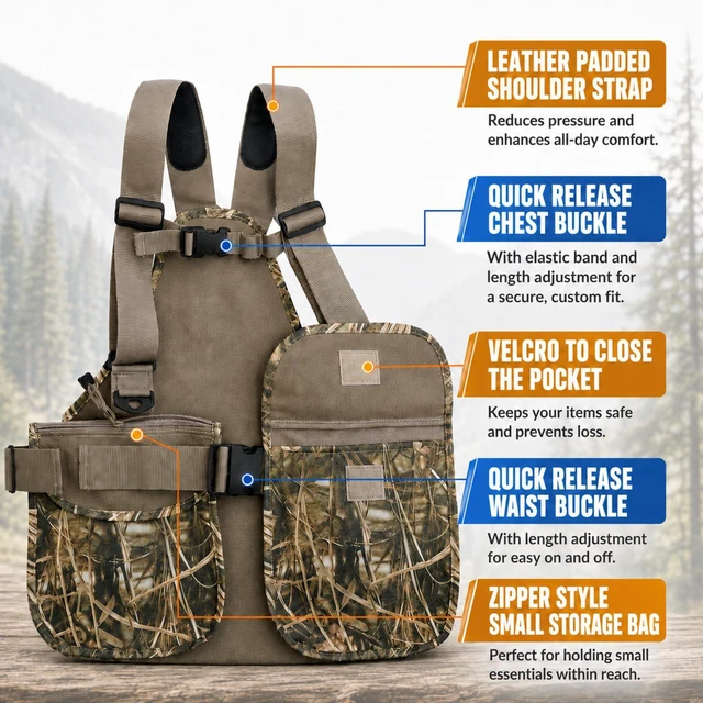 Alt view image 2 of 6 - Upland Bird Hunting Vest Tactical Vest Backpack with Game Pouch | Camo, Multiple Pockets, Chest Strap, Waist Belt, One Size Fit All