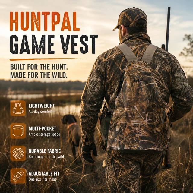 Alt view image 6 of 6 - Upland Bird Hunting Vest Tactical Vest Backpack with Game Pouch | Camo, Multiple Pockets, Chest Strap, Waist Belt, One Size Fit All
