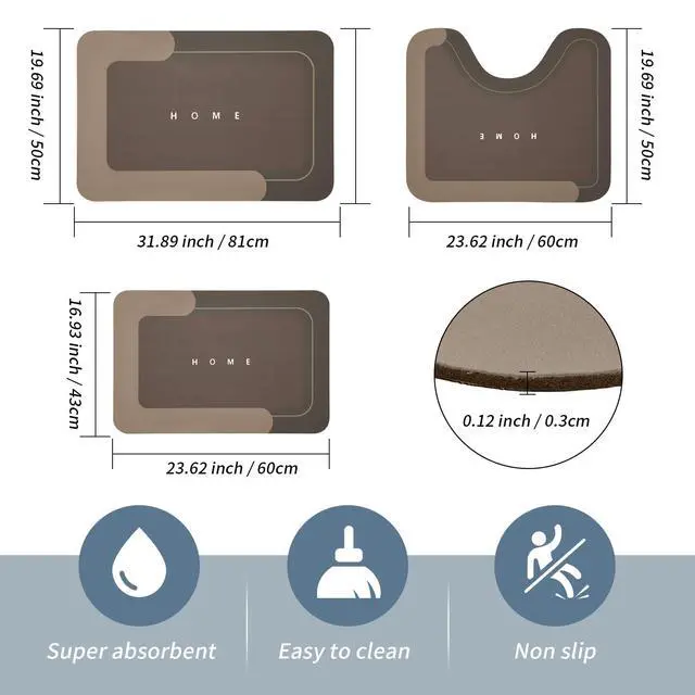 Alt view image 2 of 7 - Absorbent Bath Mat, Quick Dry Bath Rug, Non-Slip, 3PCS, Brown | 3PCS Absorbent Bath Mat Magic Rug Sets; Quick Drying Bath Mat Non-Slip Floor Rug Rubber Backed for Bathroom Kitchen Shower
