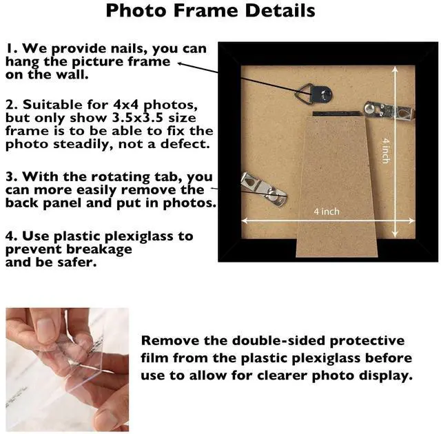 Alt view image 4 of 7 - 4x4 Picture Frame Black for Wall Hanging or Tabletop, Wall Mounting Horizontally or Vertically, 4 x 4 Wall Gallery Poster Photo Frame with Shatter Resistant Plexiglass, Black
