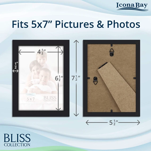 Alt view image 2 of 7 - 5x7 Black Picture Frame - Engineered Wood, Bliss Collection | Icona Bay sturdy photo frame, shatterproof polystyrene cover sheet, modern style, tabletop / wall mount display, matte finish