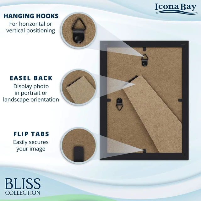 Alt view image 3 of 7 - 5x7 Black Picture Frame - Engineered Wood, Bliss Collection | Icona Bay sturdy photo frame, shatterproof polystyrene cover sheet, modern style, tabletop / wall mount display, matte finish