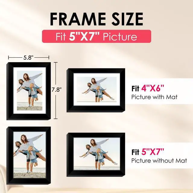 Alt view image 2 of 7 - 5x7 Picture Frame, Black Photo Frame with HD Plexiglass, Display Pictures 4x6 with Mat or 5x7 Without Mat Multi Picture Frames Collage for Tabletop or Wall Display, 1 Pack