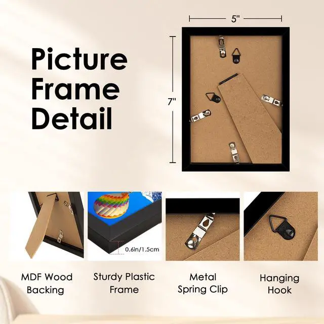 Alt view image 5 of 7 - 5x7 Picture Frame, Black Photo Frame with HD Plexiglass, Display Pictures 4x6 with Mat or 5x7 Without Mat Multi Picture Frames Collage for Tabletop or Wall Display, 1 Pack