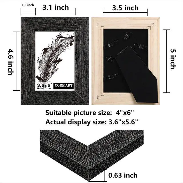 Alt view image 2 of 7 - 3.5x5 Picture Frame, Solid Wood Rustic Black | HD glass, wide distressed finish, gallery wall & tabletop display, vintage farmhouse decor, wedding & home gift
