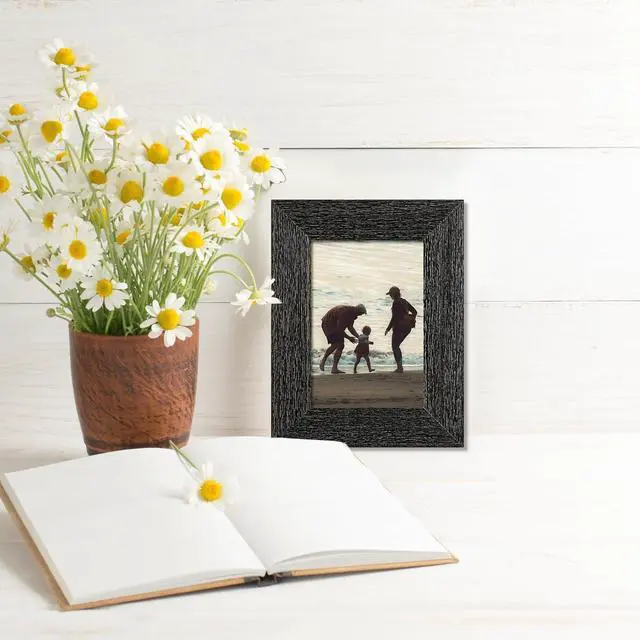 Alt view image 7 of 7 - 3.5x5 Picture Frame, Solid Wood Rustic Black | HD glass, wide distressed finish, gallery wall & tabletop display, vintage farmhouse decor, wedding & home gift