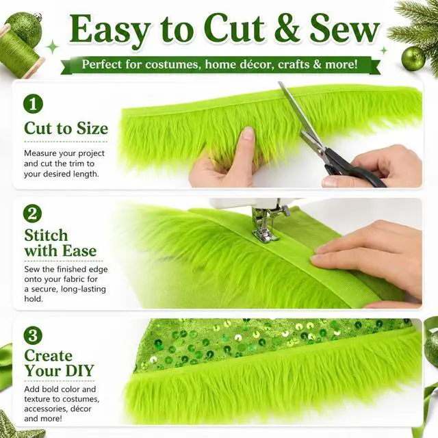 Alt view image 2 of 7 - Sukh Green Faux Fur Fabric - 2 x 60 Inch Shaggy Plush Faux Fur Trim Ribbon | Precut Fabric Strips for Christmas Tree Decor, Gnome Beard, Cosplay Costume, DIY Patches & Holiday Crafts