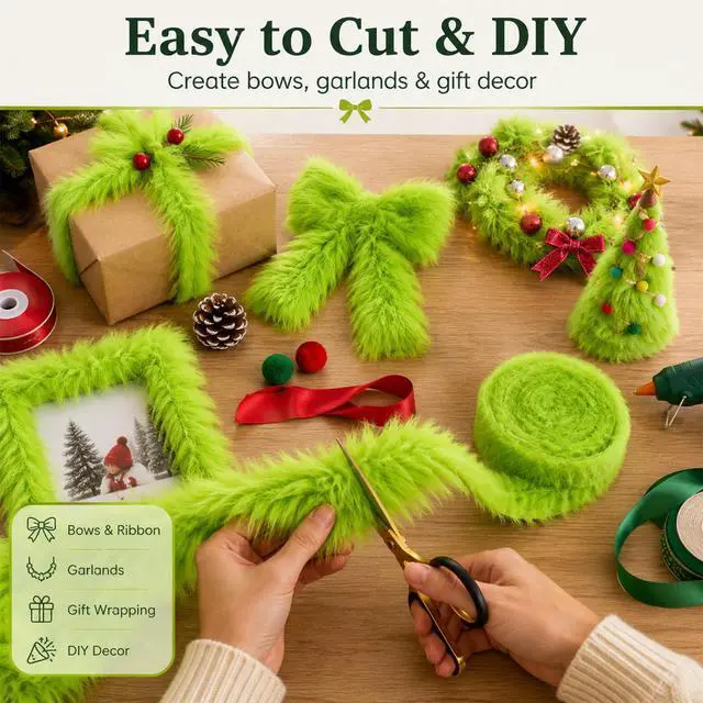 Alt view image 5 of 7 - Sukh Green Faux Fur Fabric - 2 x 60 Inch Shaggy Plush Faux Fur Trim Ribbon | Precut Fabric Strips for Christmas Tree Decor, Gnome Beard, Cosplay Costume, DIY Patches & Holiday Crafts