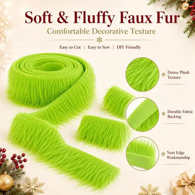Alt view image 7 of 7 - Sukh Green Faux Fur Fabric - 2 x 60 Inch Shaggy Plush Faux Fur Trim Ribbon | Precut Fabric Strips for Christmas Tree Decor, Gnome Beard, Cosplay Costume, DIY Patches & Holiday Crafts