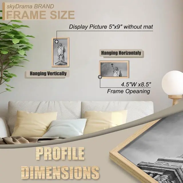 Alt view image 4 of 7 - Solid Wood 5x9 Picture Frame with Natural Wood Grain 2 Packs | 5 x 9 Frame Rectangular Display 5by9 inch Photo Poster Tabletop and Wall Mount Horizontally/Vertically