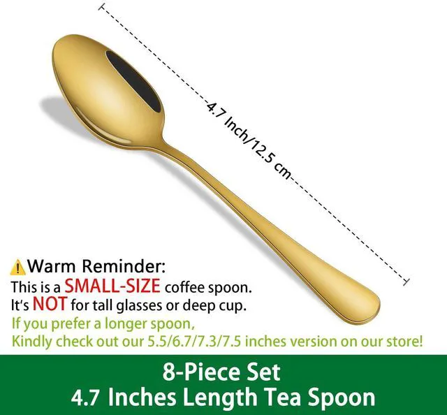 Alt view image 2 of 7 - 4.7 Inch Gold Little Metal Coffee & Tea & Espresso Spoons Set of 8 | Premium Stainless Steel; PVD Coating; Dishwasher Safe; Mirror Finishing; Set of 8;