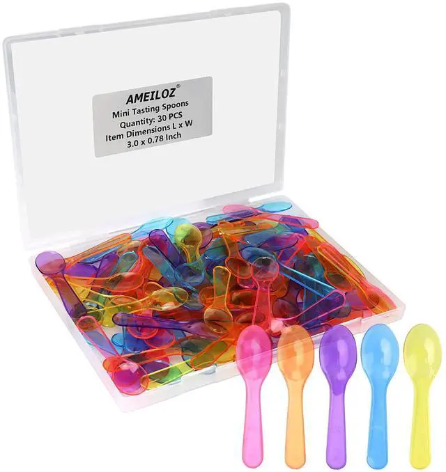 Main image of AMEILOZ 3 Inch Tiny Mini Tasting Spoons Colored Disposables Small Taster Spoon, Mini Sampling Spoon for Desserts Pudding Jello Shots Ice Cream (1 Pack of 30 PCS)