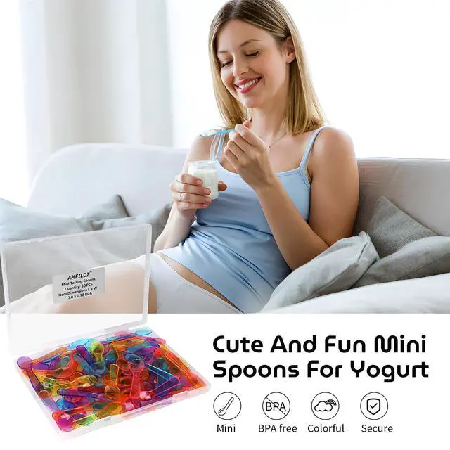 Alt view image 5 of 6 - AMEILOZ 3 Inch Tiny Mini Tasting Spoons Colored Disposables Small Taster Spoon, Mini Sampling Spoon for Desserts Pudding Jello Shots Ice Cream (1 Pack of 30 PCS)