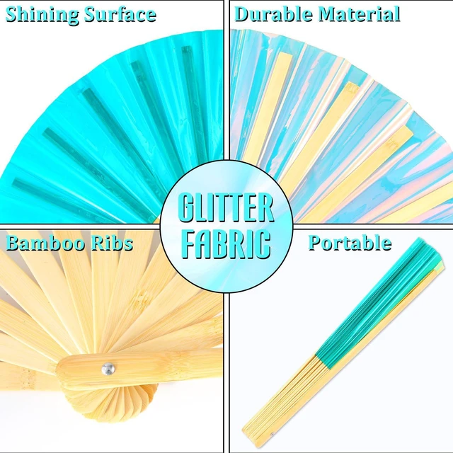 Alt view image 3 of 7 - Large Holographic Folding Hand Rave Fan - Festival Clack Handheld Bamboo Fan Green Laser Glitter Hand Fans Decorative Folding Fans for Iconic Party Renaissance Decorations for Women Men