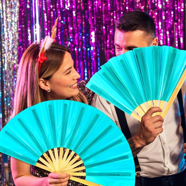 Alt view image 6 of 7 - Large Holographic Folding Hand Rave Fan - Festival Clack Handheld Bamboo Fan Green Laser Glitter Hand Fans Decorative Folding Fans for Iconic Party Renaissance Decorations for Women Men