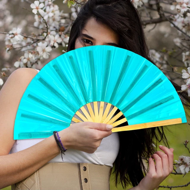 Alt view image 7 of 7 - Large Holographic Folding Hand Rave Fan - Festival Clack Handheld Bamboo Fan Green Laser Glitter Hand Fans Decorative Folding Fans for Iconic Party Renaissance Decorations for Women Men