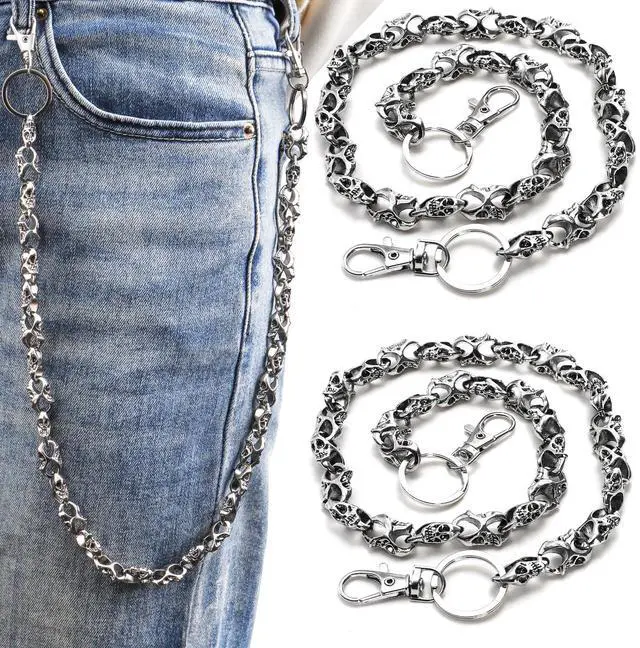 Main image of 2 Pcs Skull Wallet Chain, Vintage Jean Chain with Lobster Clasp | Metal Skeleton Biker Keychain Decorative Belt Loop Chain for Men, Women, Unisex