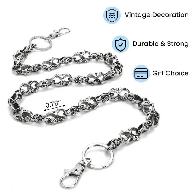 Alt view image 2 of 6 - 2 Pcs Skull Wallet Chain, Vintage Jean Chain with Lobster Clasp | Metal Skeleton Biker Keychain Decorative Belt Loop Chain for Men, Women, Unisex