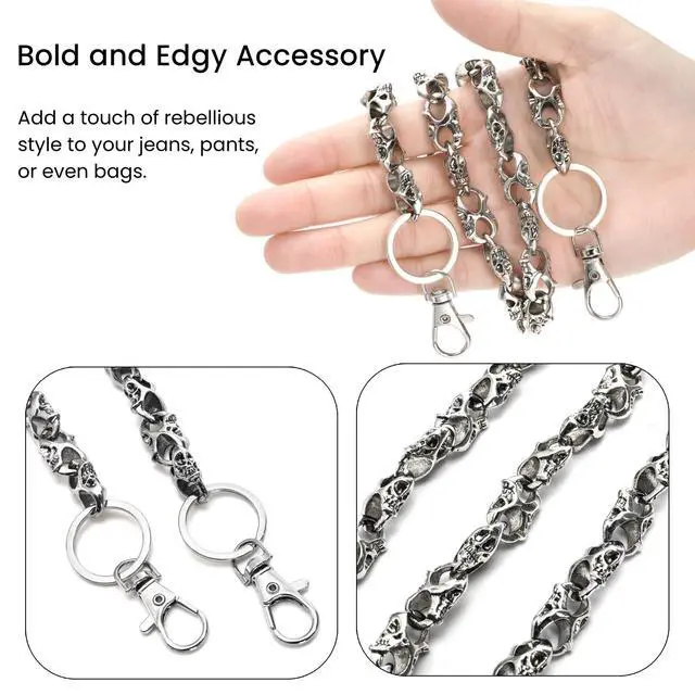Alt view image 3 of 6 - 2 Pcs Skull Wallet Chain, Vintage Jean Chain with Lobster Clasp | Metal Skeleton Biker Keychain Decorative Belt Loop Chain for Men, Women, Unisex