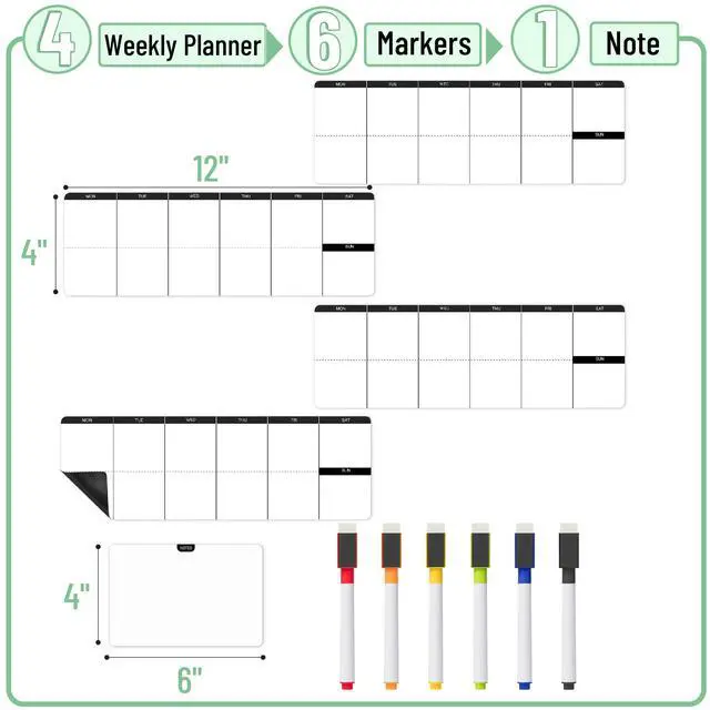 Alt view image 2 of 7 - 4" x 12" Dry Erase Magnetic Weekly Planner for Fridge, 11 pcs | 4x Weekly Chore Chart, 6x Colorful Whiteboard Markers and 6" x 4" Magnetic Whiteboard Note