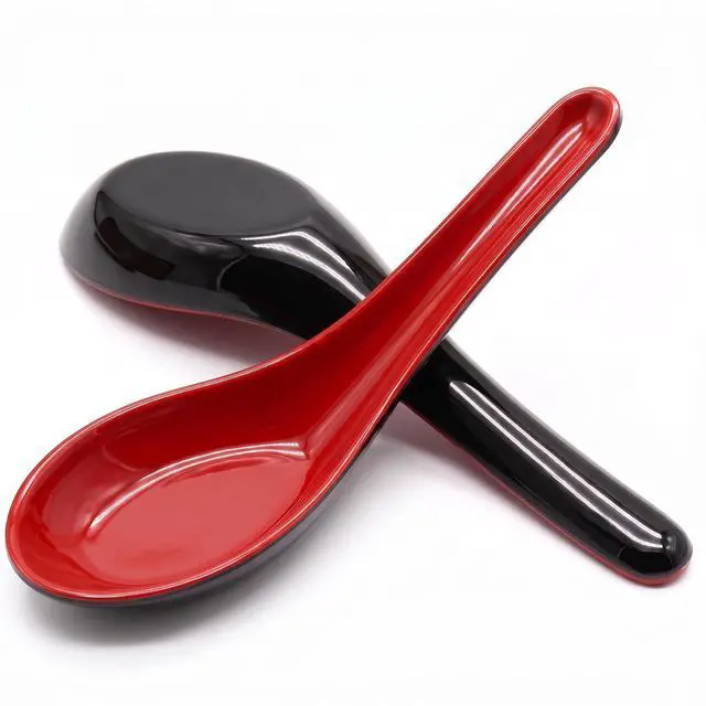 Main image of 2PCS Asian Soup Spoons, Red and Black Melamine | Chinese Japanese Miso Ramen, Wonton Dumpling Pho, Rice Noodle Soba