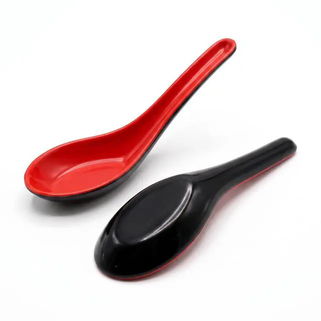 Alt view image 7 of 7 - 2PCS Asian Soup Spoons, Red and Black Melamine | Chinese Japanese Miso Ramen, Wonton Dumpling Pho, Rice Noodle Soba