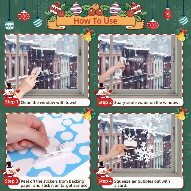 Alt view image 4 of 7 - KESOTO 96Pcs Christmas Decorations, Snowflake Window Clings, 10 Sheets | Glueless PVC Window Stickers, 3 Sizes & 3 Snowflake Designs, For Windows, Fridge Doors & Mirrors, Indoor Christmas Decor