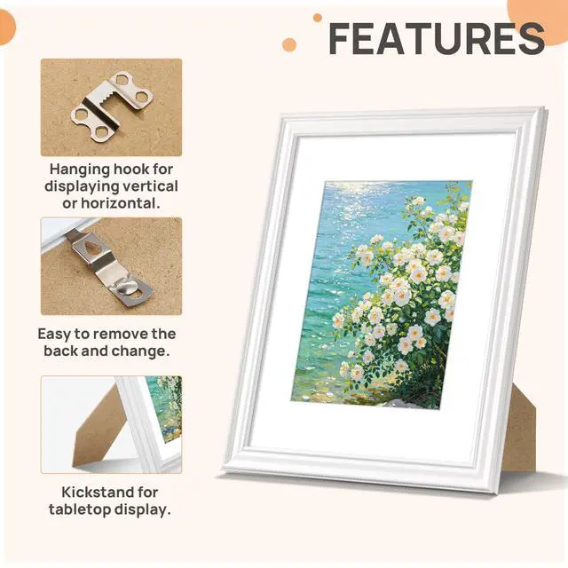 Alt view image 5 of 7 - 8.5 by 11 Picture Frame, Vintage Frames Decor, 1Pack White | Fit 6x8 and 8.5x11 Photo, Wall or Tabletop Display, Antique-style Decoration, Rustic Farmhouse Decor, For Weddings