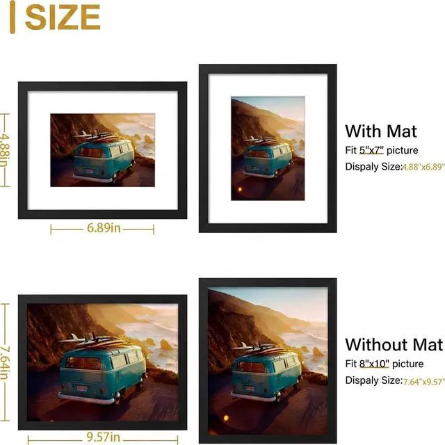 Alt view image 2 of 7 - 8x10 Picture Frame,Black Solid Wood 8x10 frame with HD Plexiglass,Displays 5x7 with Mat or Photo frame Without Mat for Wall Hanging, 1 Pack