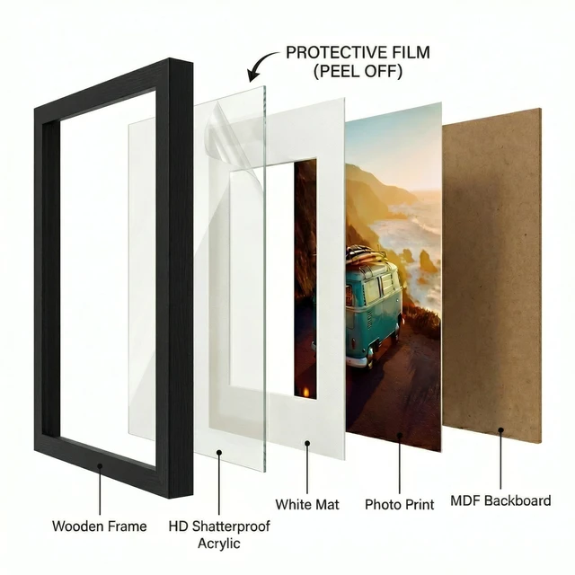 Alt view image 6 of 7 - 8x10 Picture Frame,Black Solid Wood 8x10 frame with HD Plexiglass,Displays 5x7 with Mat or Photo frame Without Mat for Wall Hanging, 1 Pack