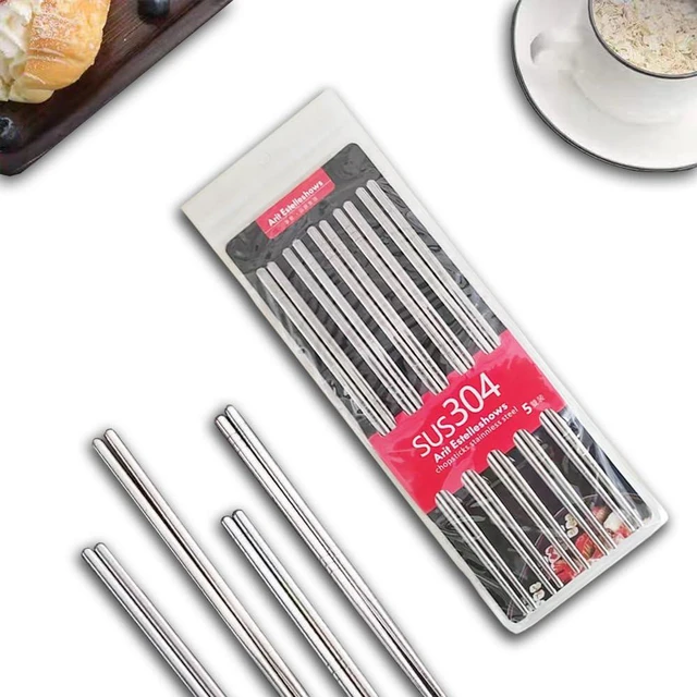 Main image of Arit Estelleshows 5 Pairs 304 Stainless Steel Chopsticks, 8.9 Inch, Silver | Reusable, Lightweight & Non-Slip, Dishwasher Safe, Japanese Korean Style for Cooking & Daily Dining