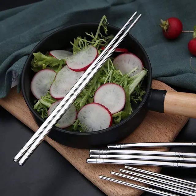 Alt view image 4 of 7 - Arit Estelleshows 5 Pairs 304 Stainless Steel Chopsticks, 8.9 Inch, Silver | Reusable, Lightweight & Non-Slip, Dishwasher Safe, Japanese Korean Style for Cooking & Daily Dining